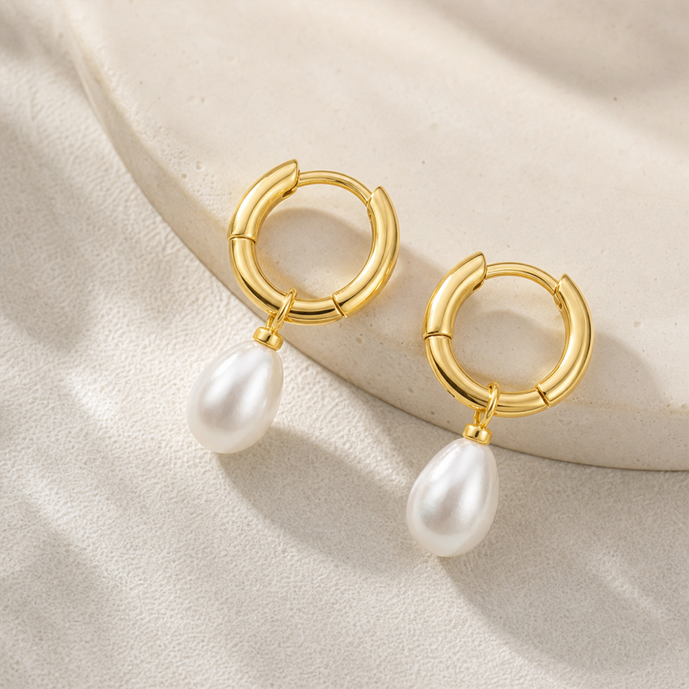 Teardrop Pearl Huggie Hoop Earrings