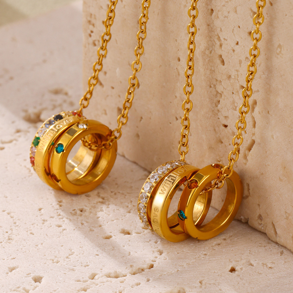 Three-ring mixed-color diamond-set stainless steel necklace product picture