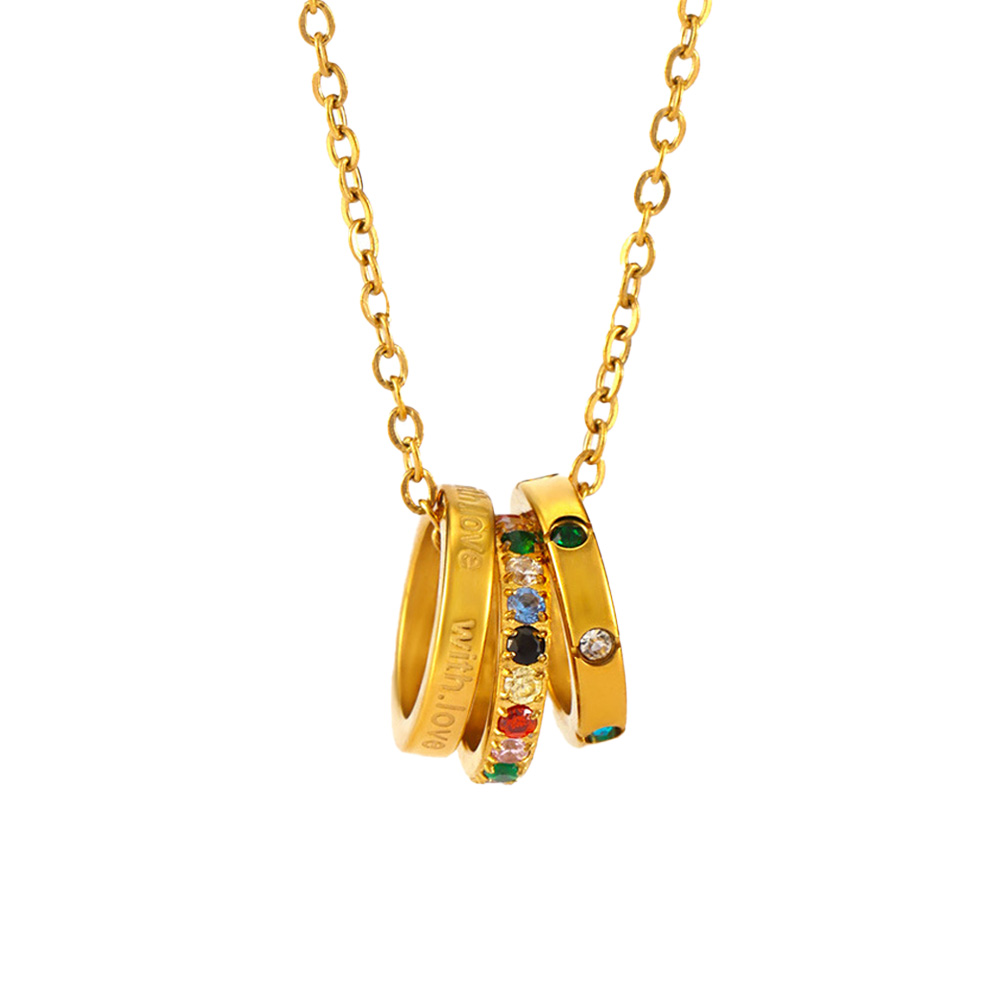 Triple Circle Mixed Color Diamond-Encrusted Stainless Steel Zirconia Necklace