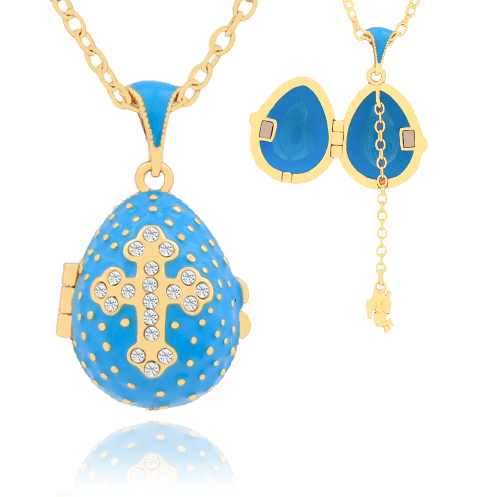 Turkish Blue  Enamel Cross Necklace With Diamonds