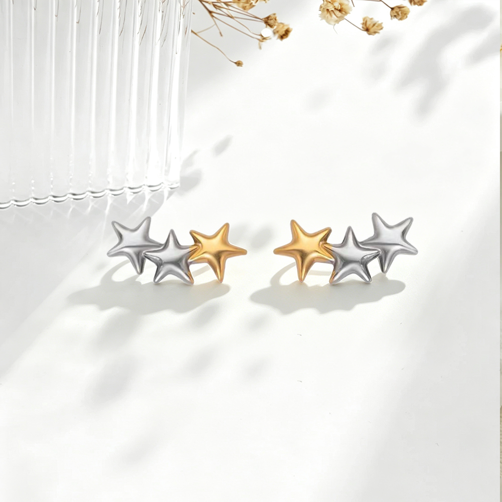 Two Tone 3 Star Stud Earrings