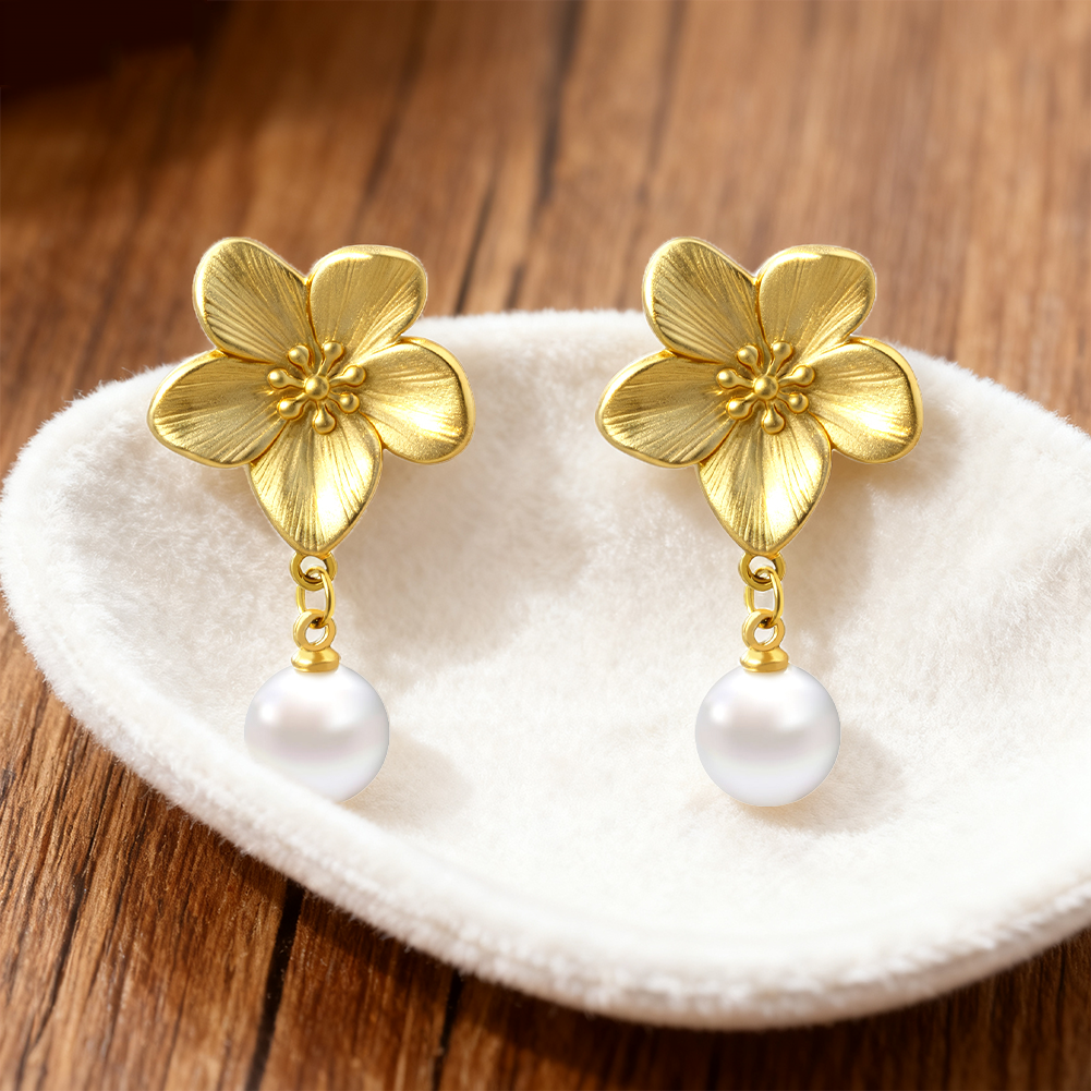 Unique Petal Stainless Steel Earrings with White Pearls