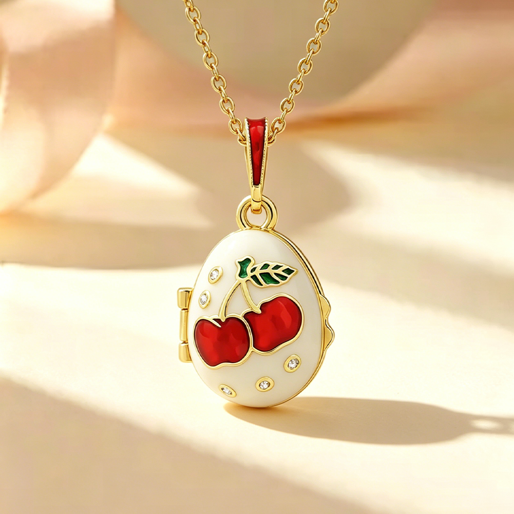 Vintage Cherry Enamel Egg Locket Necklace