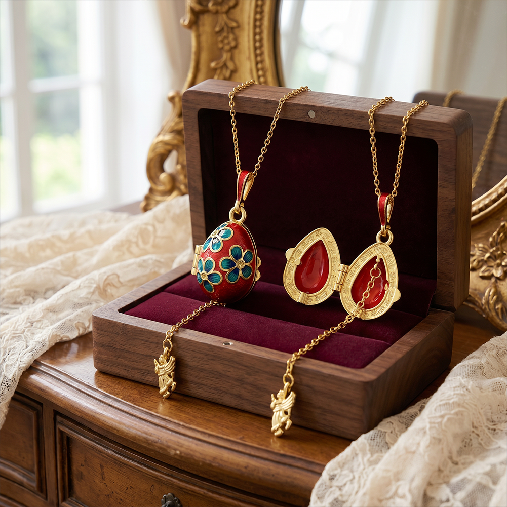 Vintage Red Enamel Floral Faberge Egg Pendant Necklace