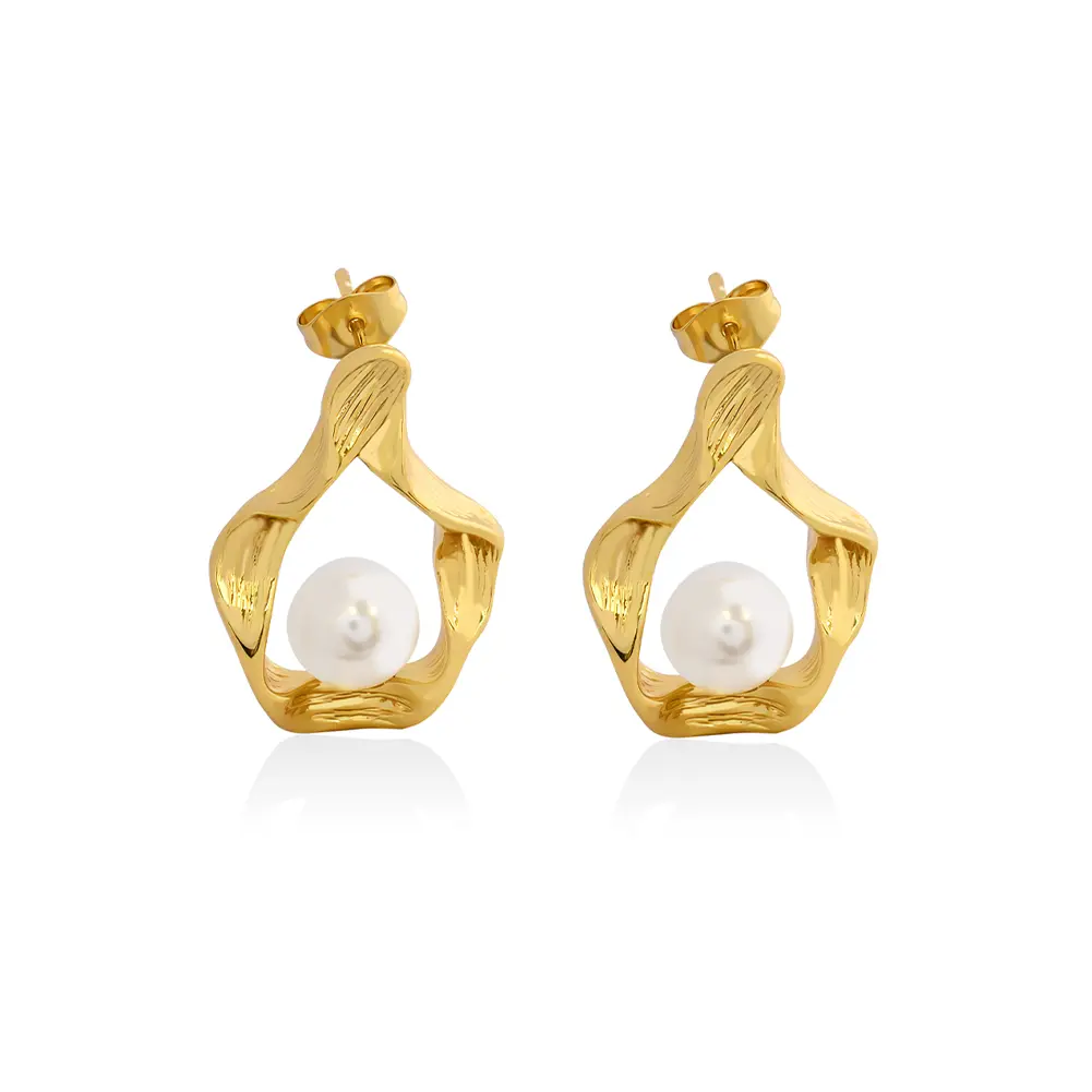 Vintage Ripple Stainless Steel Pearl Earrings for Women