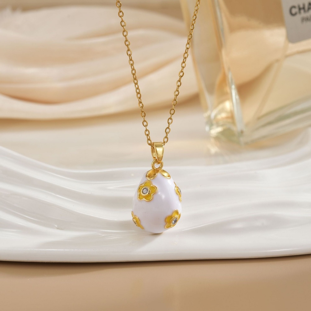  Elegant Enamel Egg Charm Pendant Necklace with Golden Flowers and Glittering Rhinestones Perfect Valentine's Day Gift