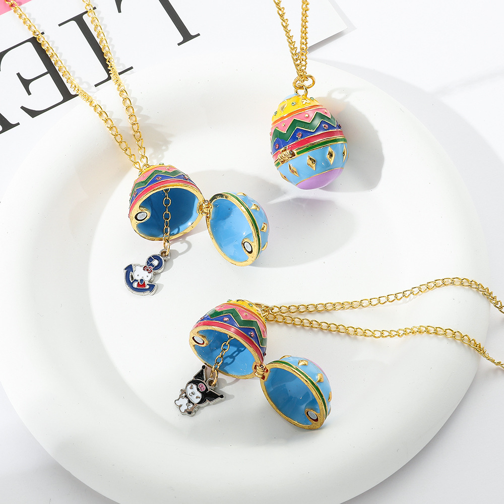Exquisite Enamel Egg Pendant Necklace with Cartoon Hanging, Unique Design, Ladies' Jewelry Gift