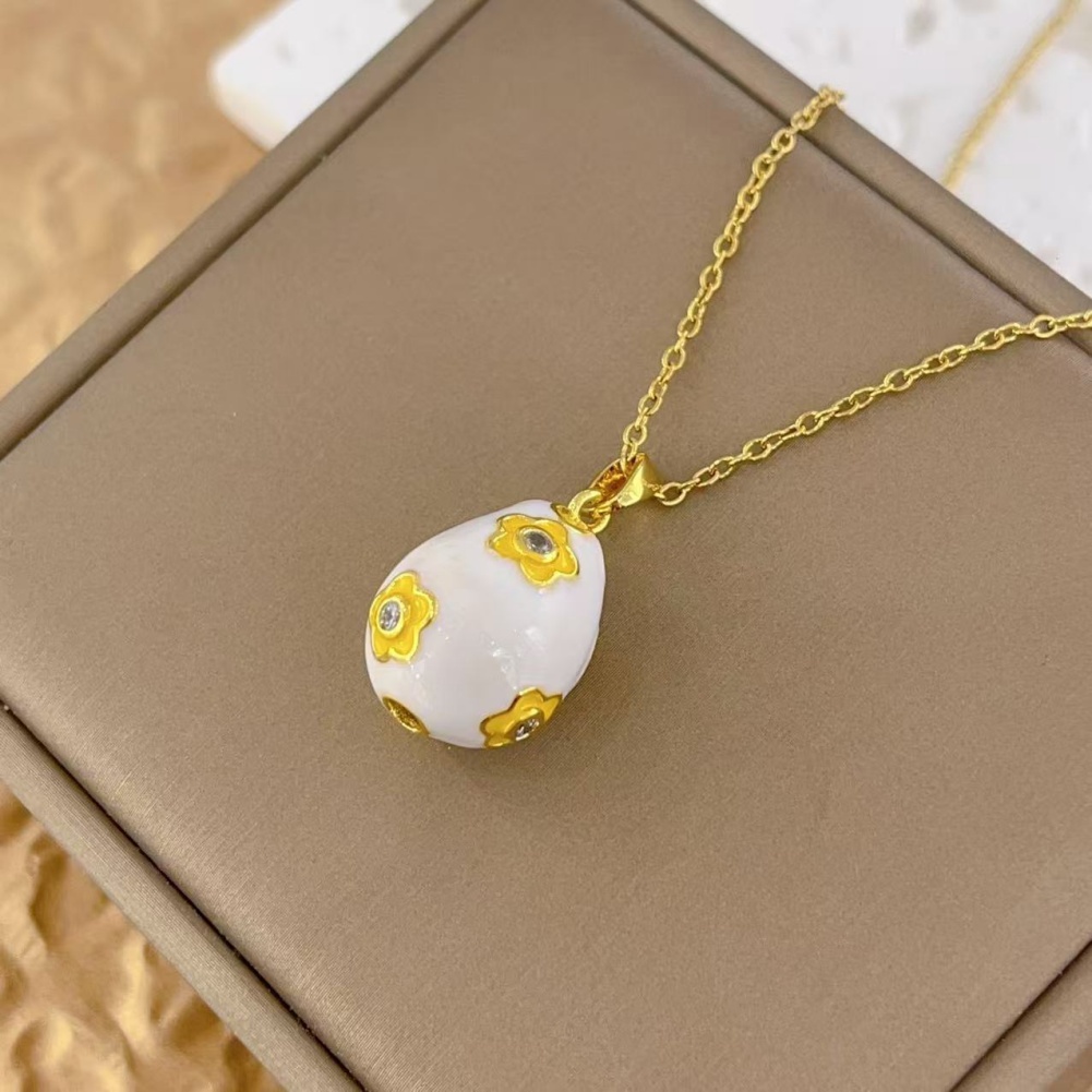  Elegant Enamel Egg Charm Pendant Necklace with Golden Flowers and Glittering Rhinestones Perfect Valentine's Day Gift