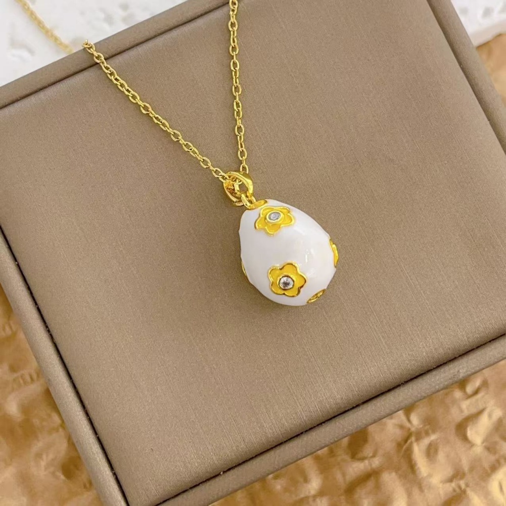  Elegant Enamel Egg Charm Pendant Necklace with Golden Flowers and Glittering Rhinestones Perfect Valentine's Day Gift