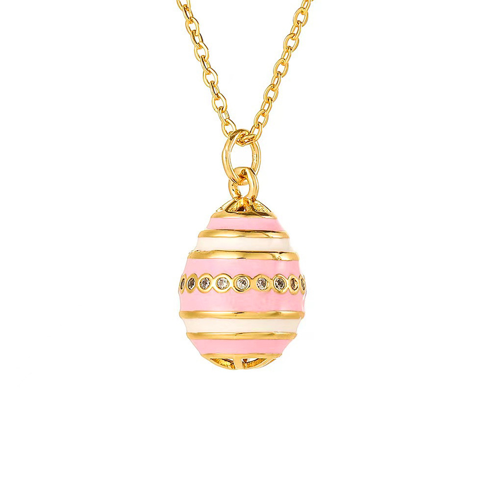Luxurious Enamel Striped Egg Necklace with Shiny Rhinestone Pendant, Unique Jewelry Gift