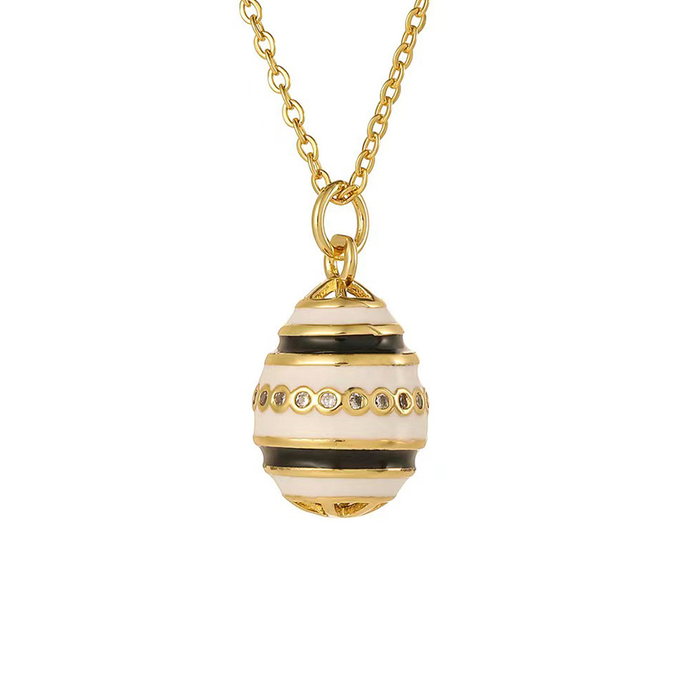 Luxurious Enamel Striped Egg Necklace with Shiny Rhinestone Pendant, Unique Jewelry Gift